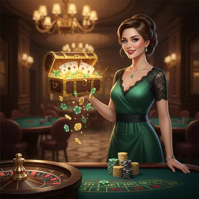 Glamorous female croupier in elegant casino setting with poker chips, roulette, and casino rewards.